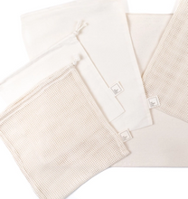 Load image into Gallery viewer, close up of natural coloured mesh and muslin produce bags on a white background
