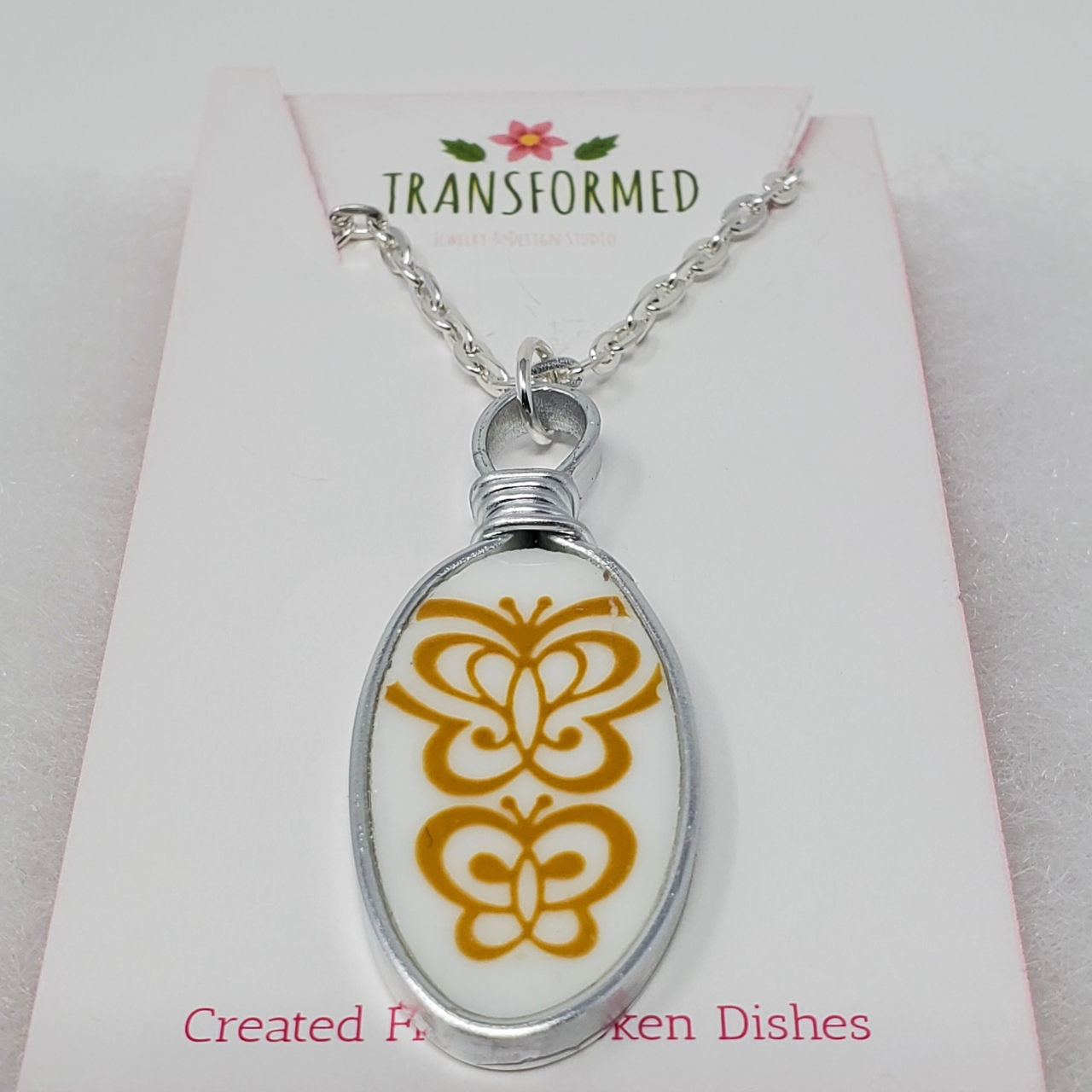 Transformed jewellery Corelle Golden Butterfly Upcycled Broken China Necklaces