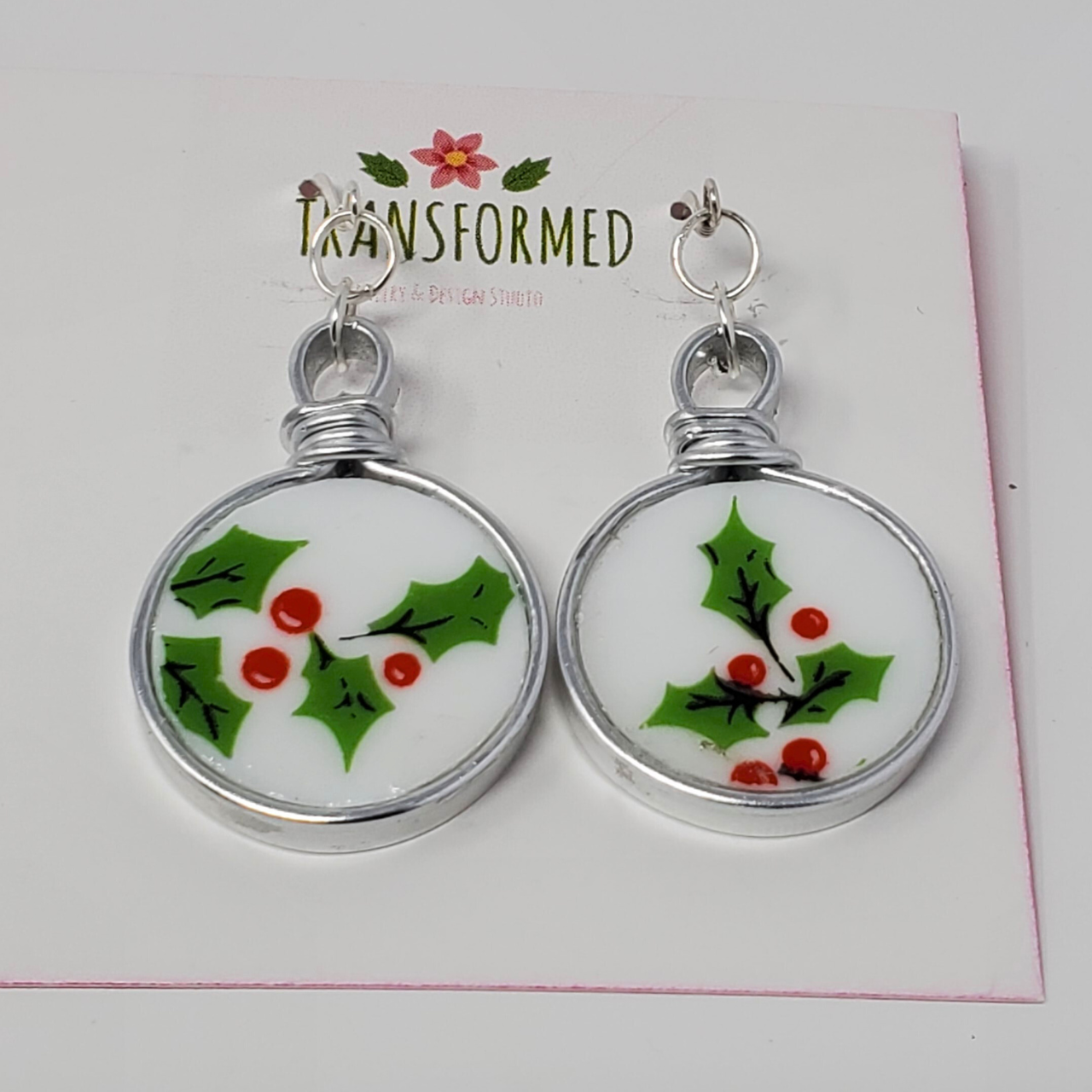 Transformed jewellery dangle / Christmas Upcycled Broken China Earrings