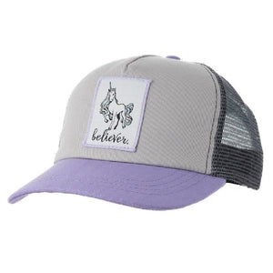 purple hat with patch that has a unicorn on it 