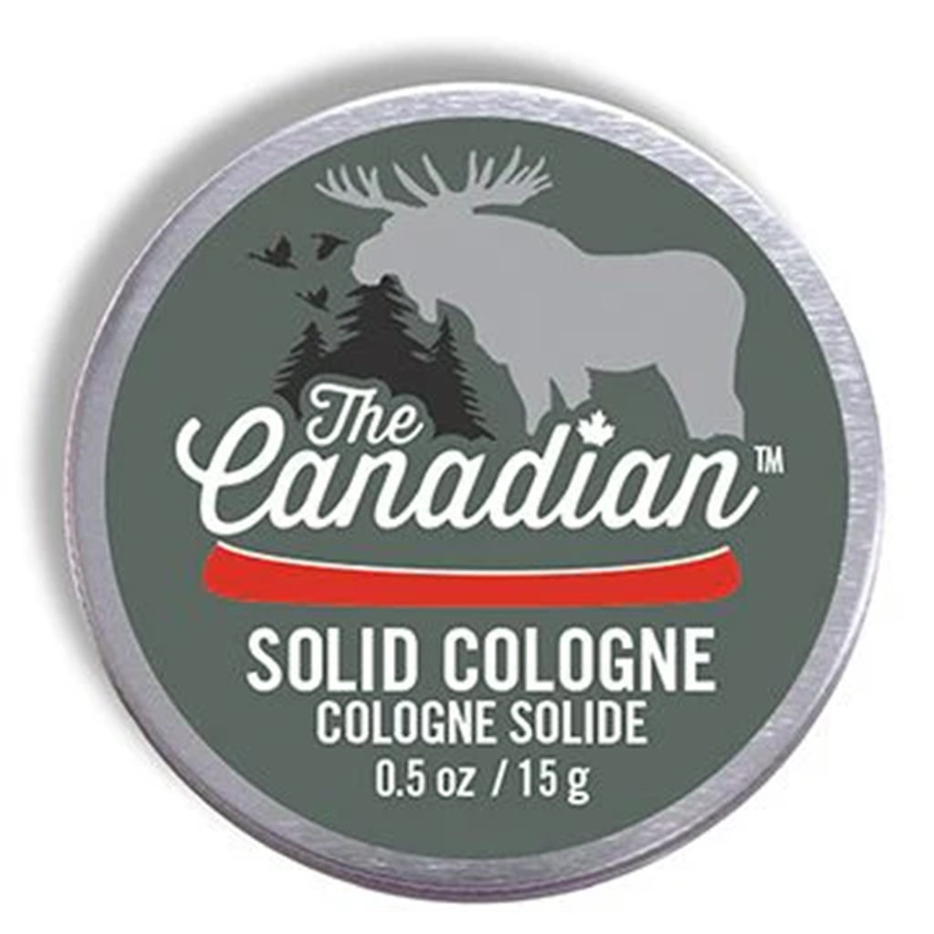 round silver tin with white & red print and a moose, canoe & trees, Solid Cologne