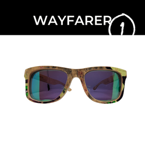 front view of wooden sunglasses on white background