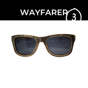 front view of wooden sunglasses on a white background