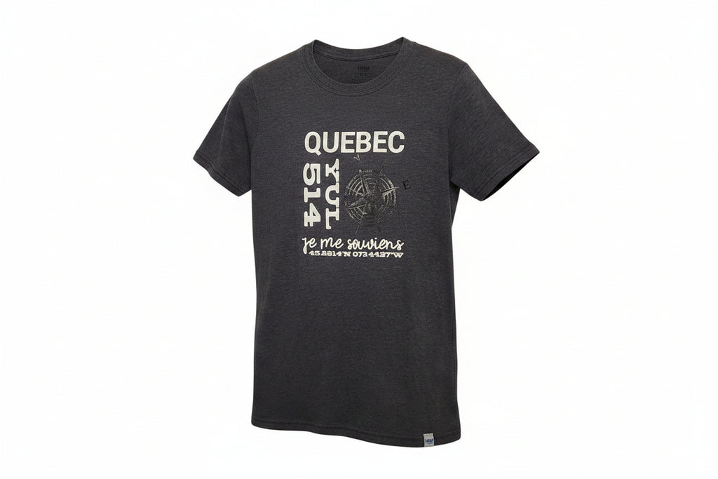 black haze t-shirt with Quebec in white print & coordinates & compass