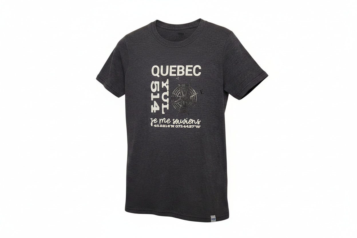black haze t-shirt with Quebec in white print & coordinates & compass