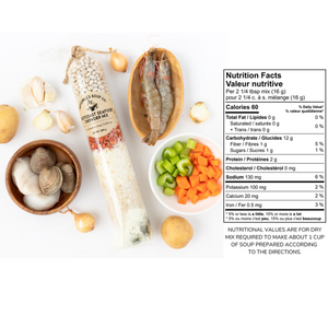 variety of fresh ingredients around a clear bag filled with spices & other ingredients beside a list of nutrition facts