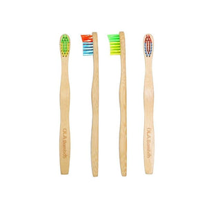 Bamboo Toothbrushes four in a row tow are yellow green and two are blue red