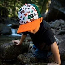 Load image into Gallery viewer, a child wearing a hat green back panel white front panel brown brim camping theme print
