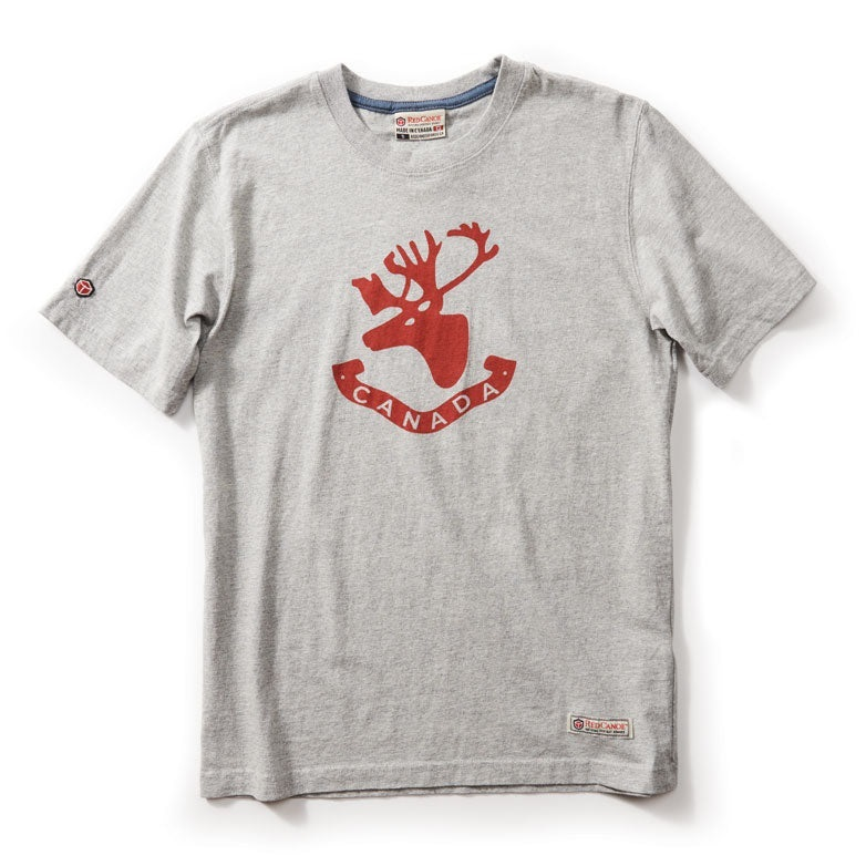 light grey t shirt with red caribou head and the word Canada written underneath