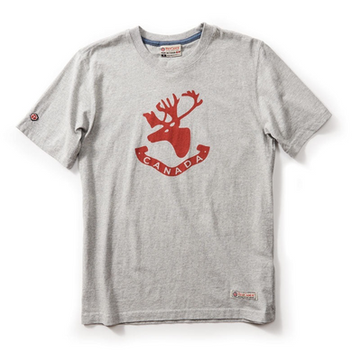 light grey t shirt with red caribou head and the word Canada written underneath