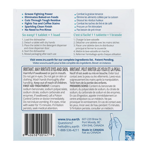 back of blue & white box of Tru Earth Dishwasher Detergent Tablets 
