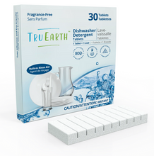 Load image into Gallery viewer, blue &amp; white box of Tru Earth Dishwasher Detergent Tablets - row of rectangular tablets
