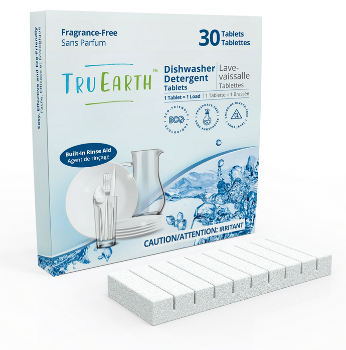 blue & white box of Tru Earth Dishwasher Detergent Tablets - row of rectangular tablets