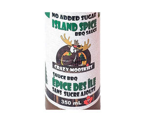 White label with green print and a cartoon moose head 