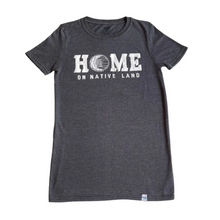 Load image into Gallery viewer, Home on Native Land T Shirt with Indigenous print inside the O
