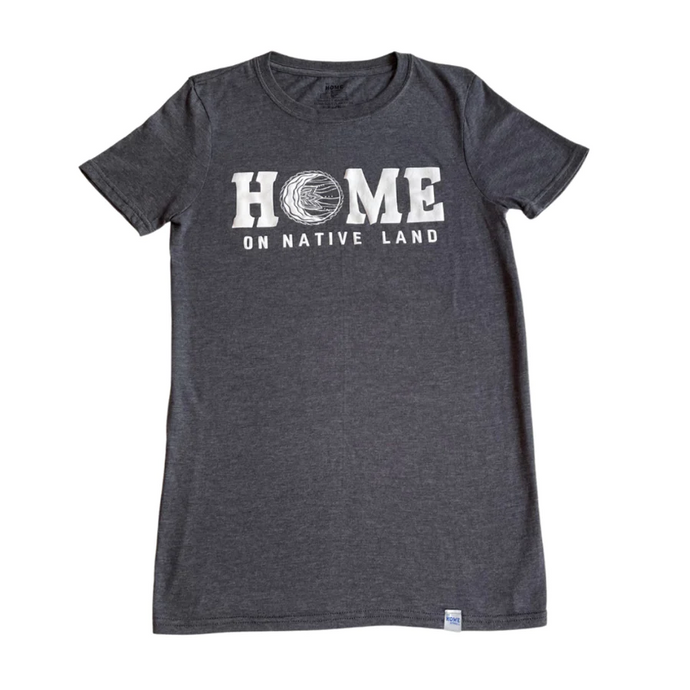 Home on Native Land T Shirt with Indigenous print inside the O