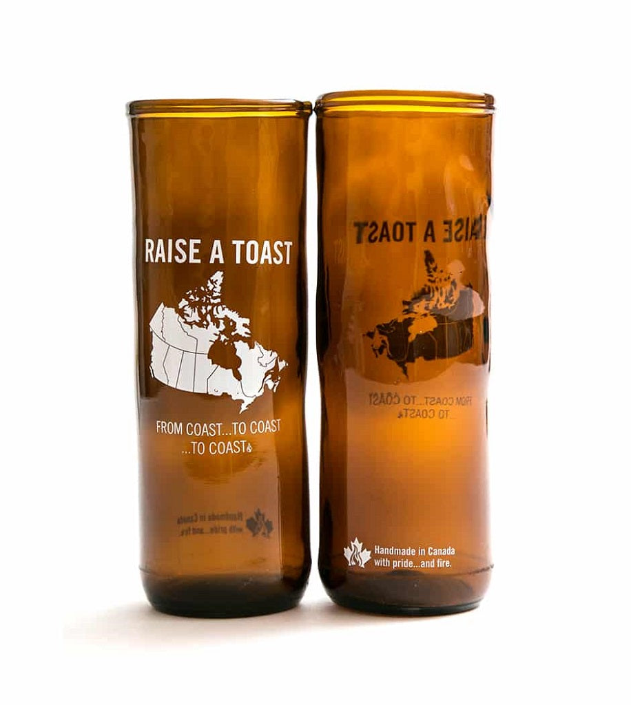 Two glass made from brown bottles with map of Canada and says Raise a Toast from Coast, to Coast