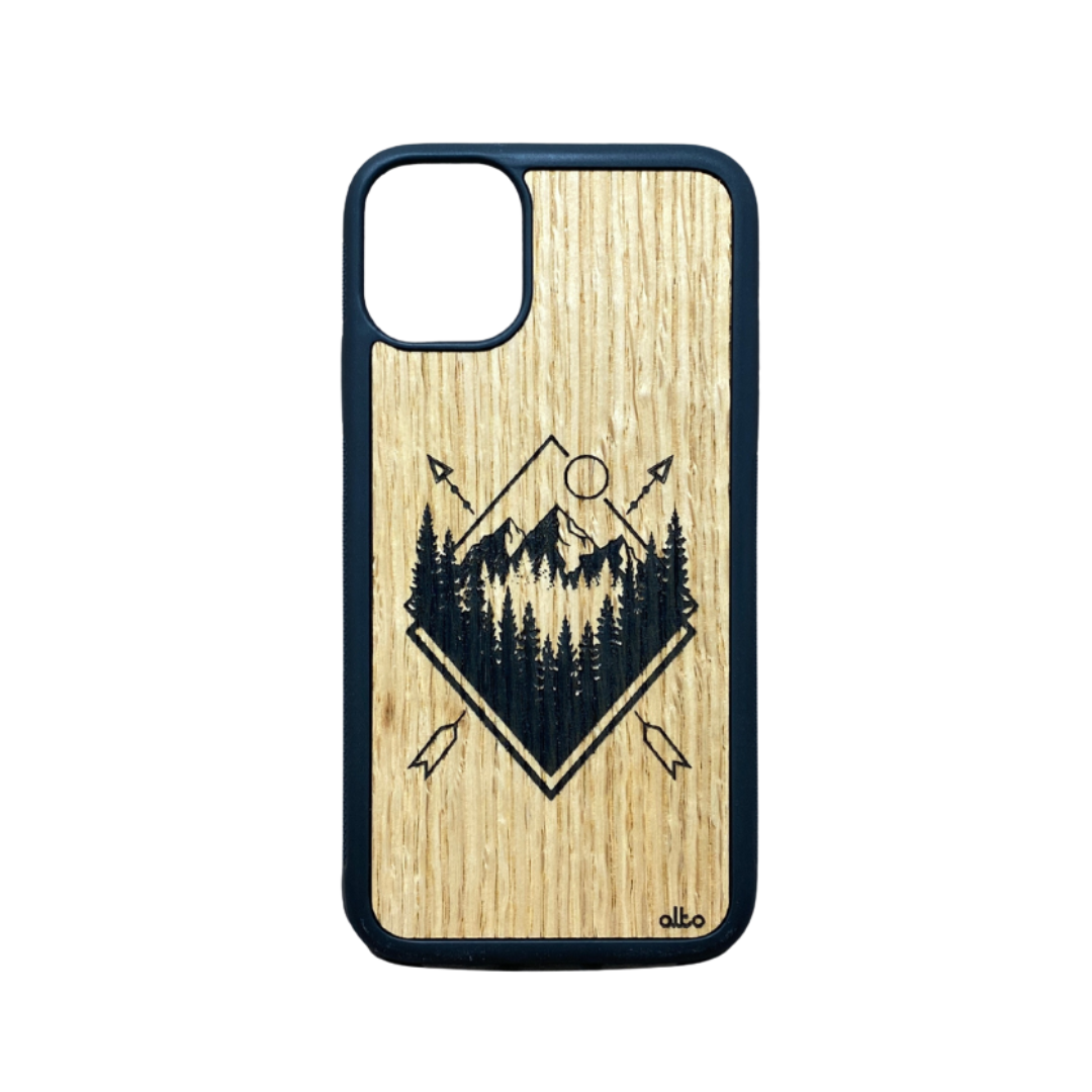 mountains and trees in the shape of a diamond with arrows through