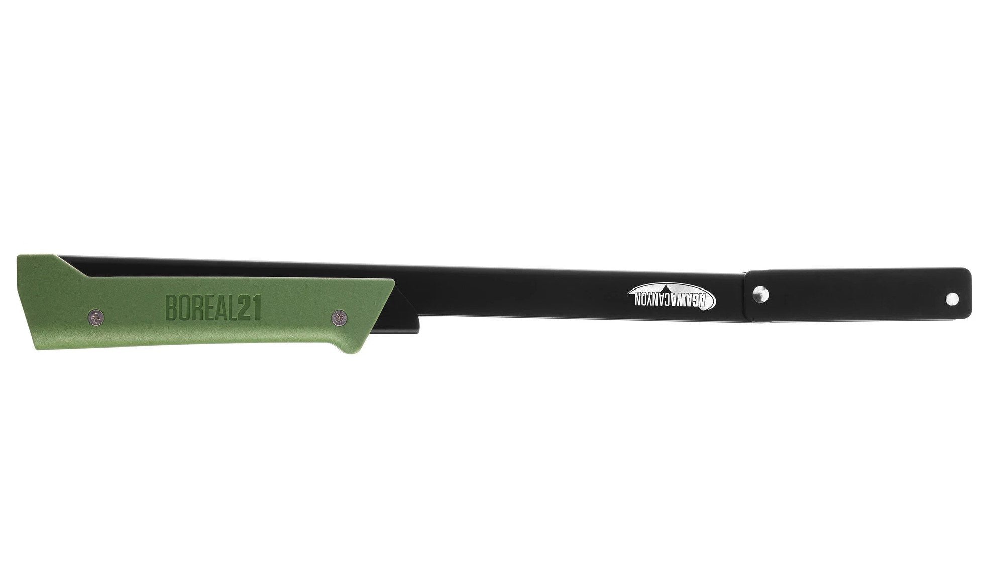  Foldable Bow Saw with green handled in the folded position on white background