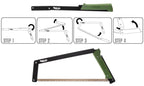 Foldable Bow Saw with green handle showing both positions and directions