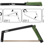 green handle Foldable Bow Saw with picture of directions