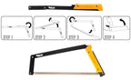 Foldable Bow Saw with yellow handle showing both positions and directions
