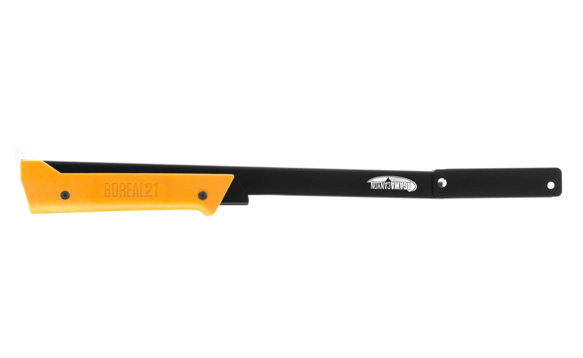 Foldable Bow Saw with yellow handled in the folded position on white background