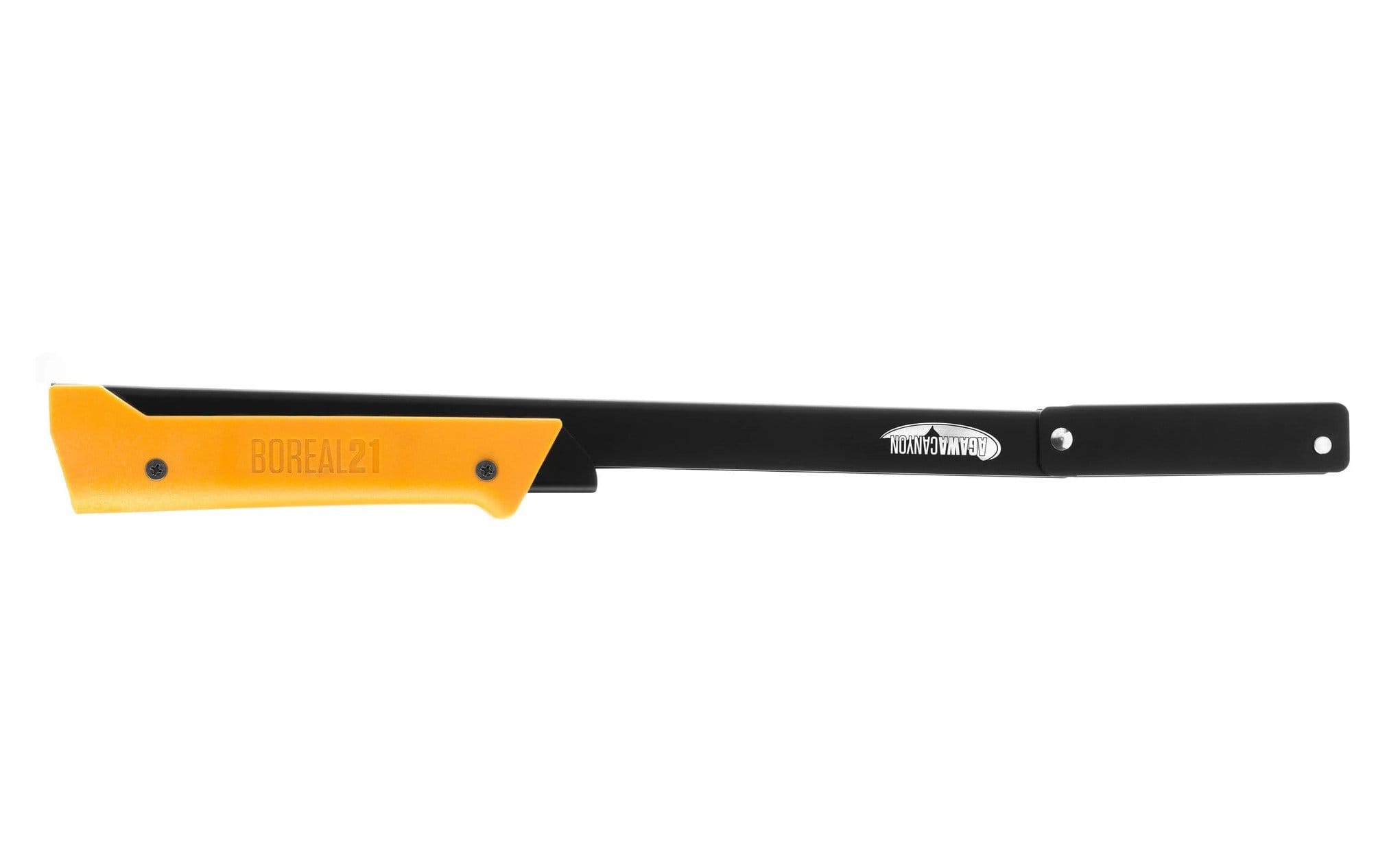 Foldable Bow Saw with yellow handled in the folded position on white background