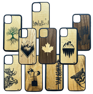 Ten different phone covers made out of wood