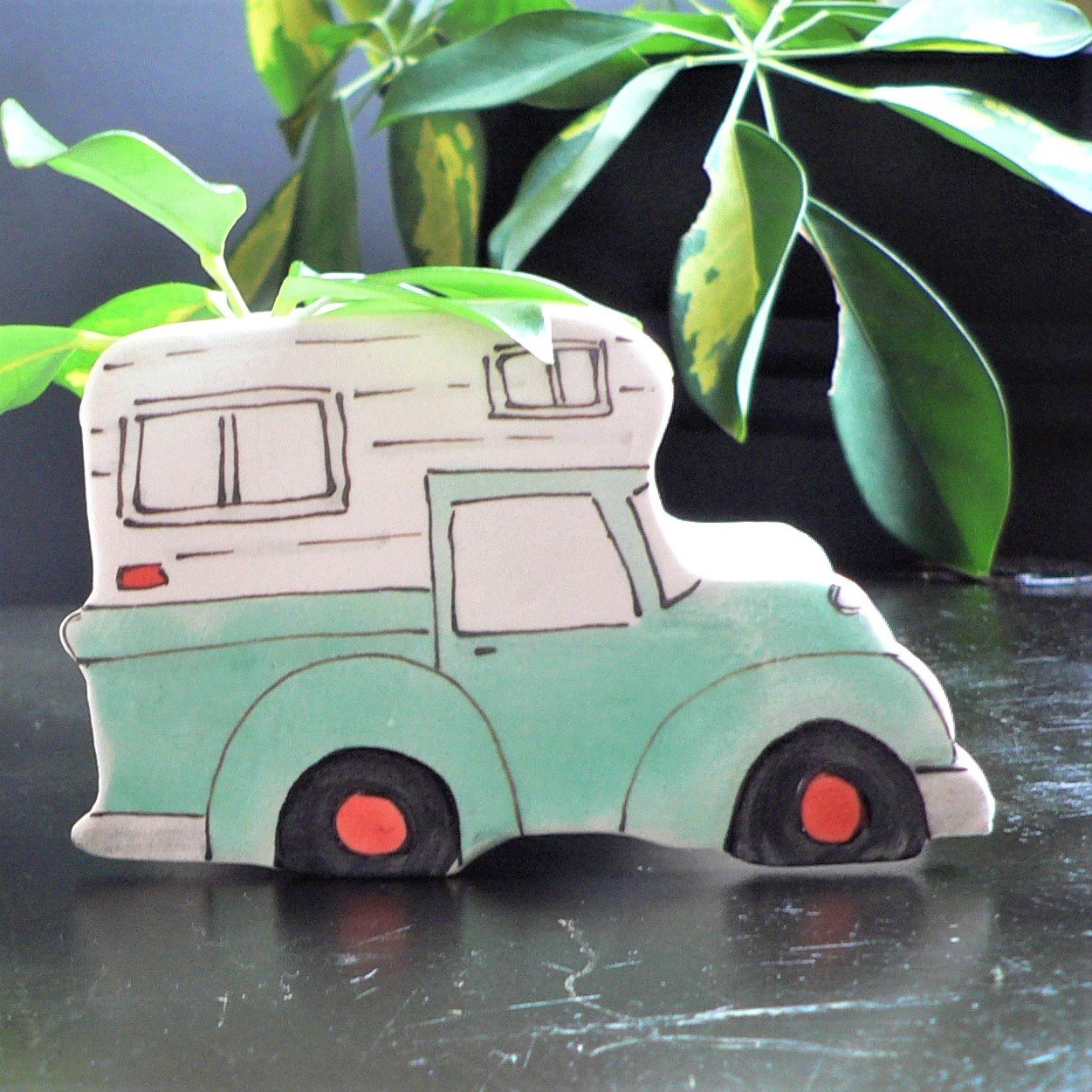 Julie Richard Accessory Vintage Green Pickup with Camper Vintage  Pickup Ceramic Planter