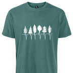 Spruce green t-shirt with white trees connected at the bottom with heartbeat zig symbol