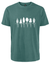 Load image into Gallery viewer, Spruce green t-shirt with white trees connected at the bottom with heartbeat zig symbol
