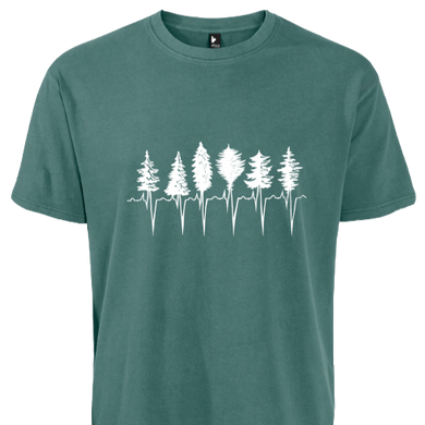 Spruce green t-shirt with white trees connected at the bottom with heartbeat zig symbol