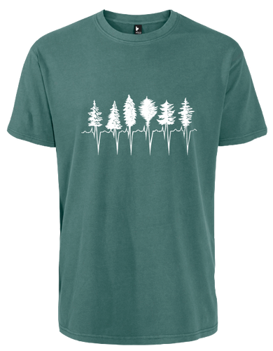 Spruce green t-shirt with white trees connected at the bottom with heartbeat zig symbol