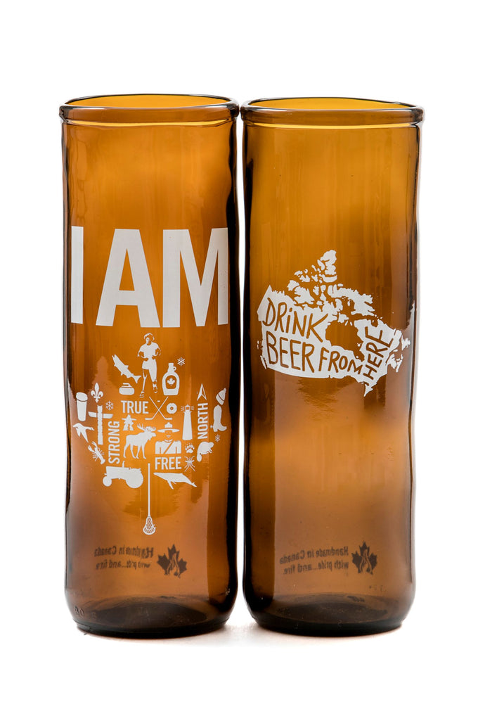 Upcycled drinking glasses made from beer bottles - I Am and a picture of a maple leaf 