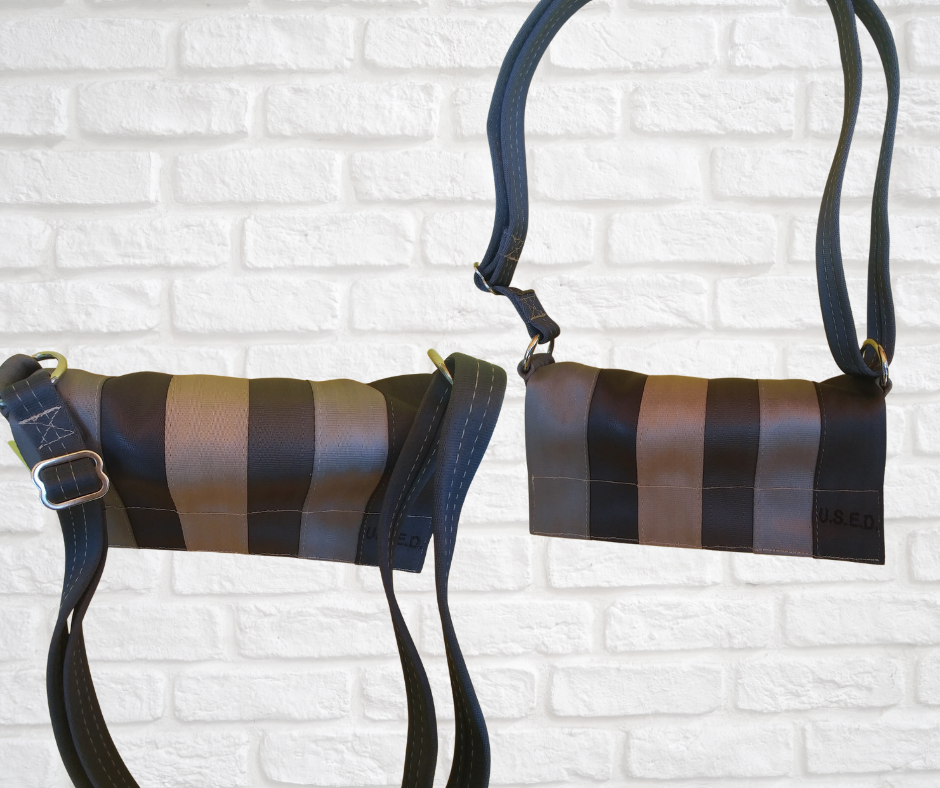 purse made with seatbelts showing two images of the same product